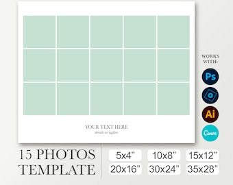 Compuesto de clase para 15 fotos. Plantilla escolar 10x8, 20x16, 30x24. Anuario digital. Cartel de graduación. Orla para Photoshop y Canva