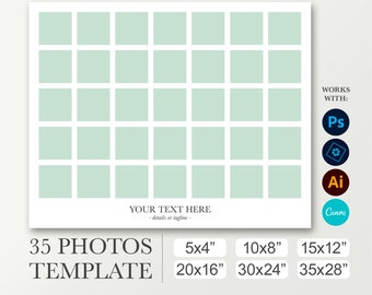 Plantilla de retrato escolar para 35 fotos. Anuario para escuela digital para Photoshop y Canva. Poster para funeral. Collage para instituto