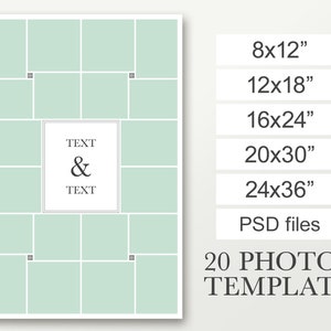 24x36 Photo board template for 20 pictures. 20x30 Photo collage template. 16x24 Funeral board download. 12x18 Wedding storyboard