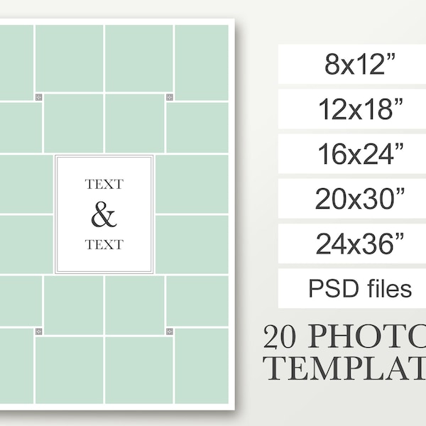 24x36 Photo board template for 20 pictures. 20x30 Photo collage template. 16x24 Funeral board download. 12x18 Wedding storyboard