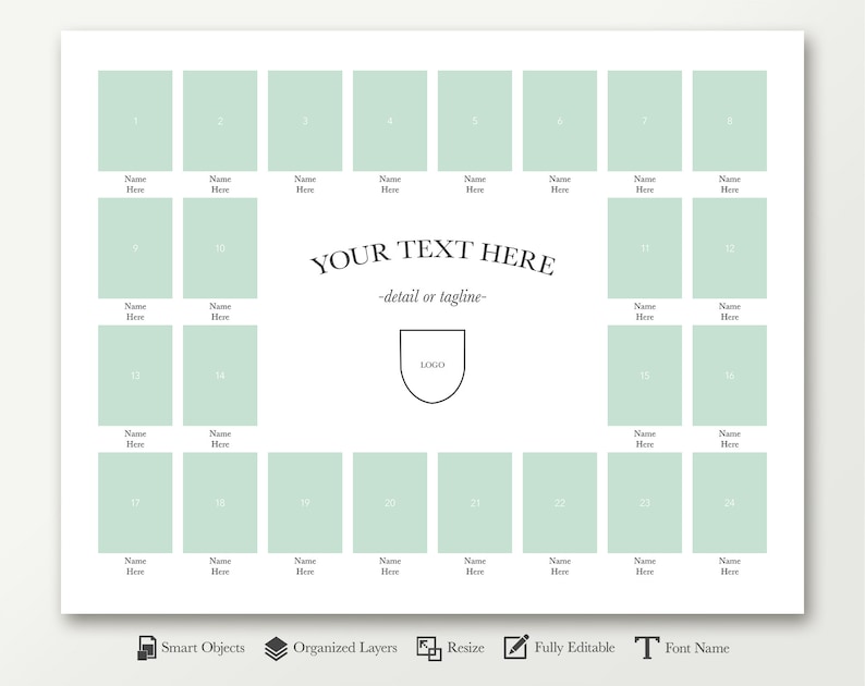 May include: A printable template for a photo collage with 24 image placeholders. The template is designed to look like a football field with a green background and white lines. The text "YOUR TEXT HERE -detail or tagline- LOGO" is at the top of the template.