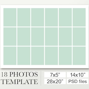 5x7 plantilla fotográfica, 10x14 plantilla de fotos, 20x28 simple collage para 18 fotos. Postal digital. Póster de graduación. Photoshop