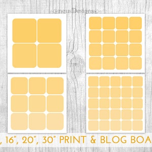 May include: Four square print and blog boards in shades of yellow and white. The boards are arranged in a grid pattern, with the text "12", 16", 20", 30" PRINT & BLOG BOARD" at the bottom.