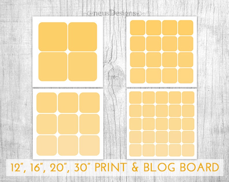 May include: Four square print and blog boards in shades of yellow and white. The boards are arranged in a grid pattern, with the text "12", 16", 20", 30" PRINT & BLOG BOARD" at the bottom.
