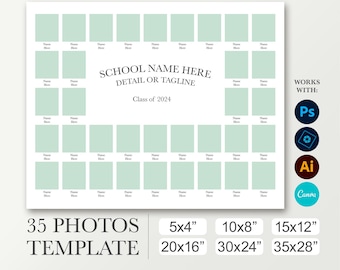 Plantilla de orla escolar para 35 fotos. 8x10 Anuario universitario. 16x20 Plantilla digital para Photoshop. 24x30 Cartel grande. Póster