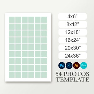 May include: A template for a photo collage with 54 squares arranged in a grid. The template is available in various sizes, including 4x6 inches, 8x12 inches, 12x18 inches, 16x24 inches, 20x30 inches, and 24x36 inches. The template is compatible with Photoshop, Illustrator, and Canva.
