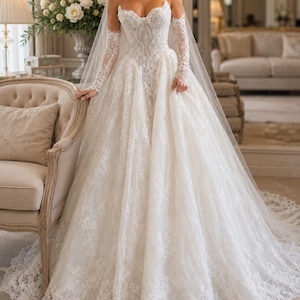 May include: A white strapless ball gown wedding dress featuring intricate lace embroidery on the bodice and skirt, paired with matching long lace sleeves and a sheer floor-length veil. The gown has a sweetheart neckline and a full, voluminous skirt.