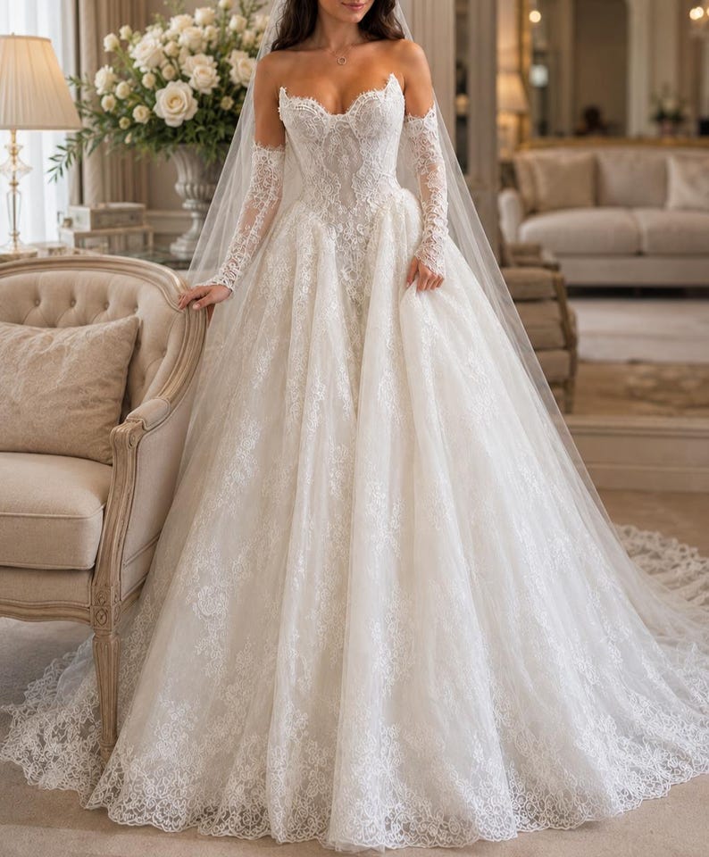 May include: A white strapless ball gown wedding dress featuring intricate lace embroidery on the bodice and skirt, paired with matching long lace sleeves and a sheer floor-length veil. The gown has a sweetheart neckline and a full, voluminous skirt.