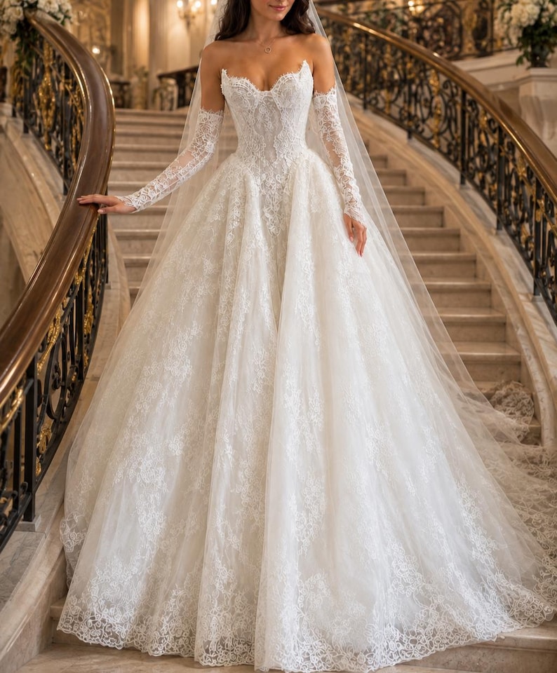 May include: A white strapless ball gown featuring a sweetheart neckline and intricate lace detailing throughout the bodice and full skirt. The dress includes matching long lace sleeves and a long, sheer veil that drapes down the back.