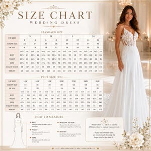 May include: A wedding dress size chart featuring tables for standard and plus sizes in inches and centimeters, with a diagram showing how to measure bust, waist, hips, hollow to hem, and height, alongside a white floral lace wedding dress.