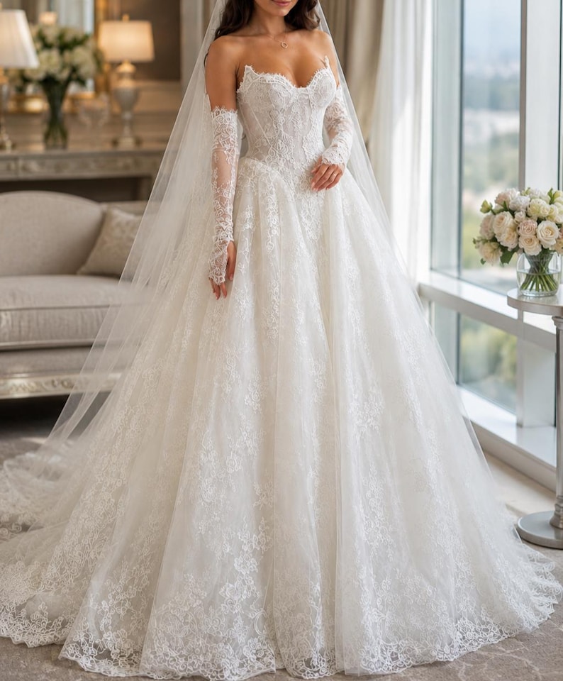 May include: A white strapless ball gown wedding dress featuring a sweetheart neckline, intricate lace embroidery throughout the bodice and full skirt, and matching sheer lace gloves that extend to the mid-forearm, paired with a long, flowing veil.