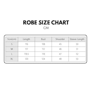 May include: A white chart with black text detailing robe sizes in centimeters. The chart includes measurements for length, bust, shoulder, and sleeve length, with sizes ranging from S to XL. The title reads "ROBE SIZE CHART".