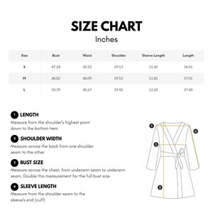 May include: A size chart in inches displays measurements for a dress. The chart includes bust, waist, shoulder, sleeve length, and length for sizes S, M, and L. Diagrams illustrate how to measure length, shoulder width, bust size, and sleeve length.