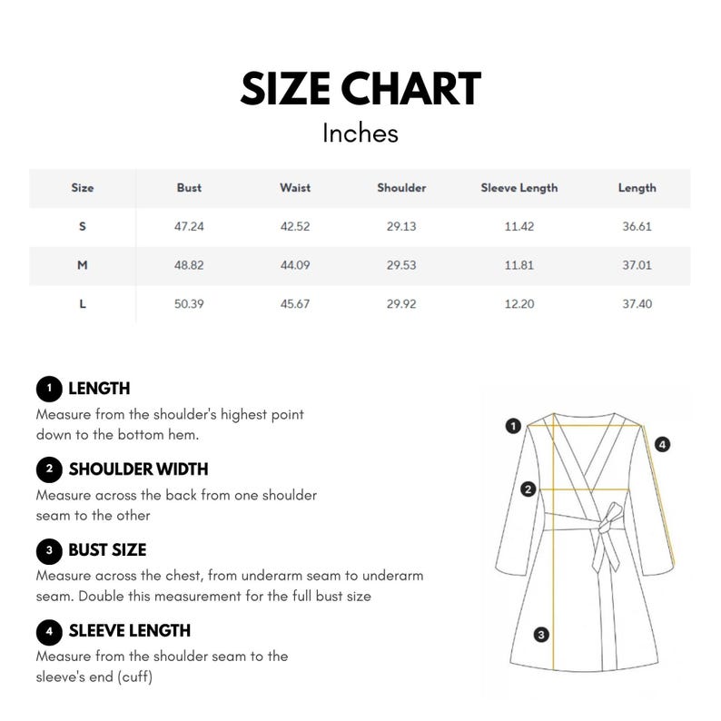 May include: A size chart in inches displays measurements for a dress. The chart includes bust, waist, shoulder, sleeve length, and length for sizes S, M, and L. Diagrams illustrate how to measure length, shoulder width, bust size, and sleeve length.