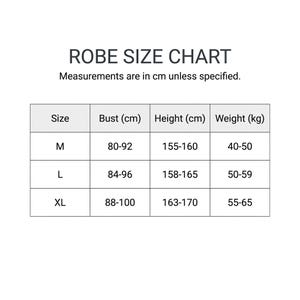 May include: A white chart titled "ROBE SIZE CHART" with measurements in centimeters. The chart lists sizes M, L, and XL, with corresponding bust, height, and weight measurements. Bust sizes range from 80-100 cm, height from 155-170 cm, and weight from 40-65 kg.