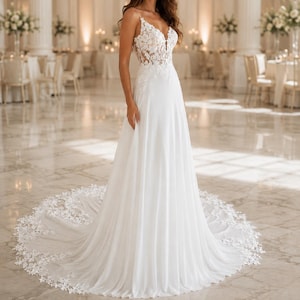 May include: A floor-length white wedding dress featuring a sleeveless bodice with intricate floral lace appliques and a deep V-neckline. The skirt is made of a flowing, solid white fabric that extends into a long, circular train with lace trim.