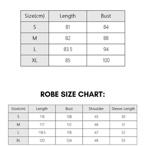 May include: Size charts for nightgowns and robes. The nightgown chart shows sizes S, M, L, and XL with length and bust measurements in centimeters. The robe chart includes length, bust, shoulder, and sleeve length measurements in centimeters for sizes S, M, L, and XL.