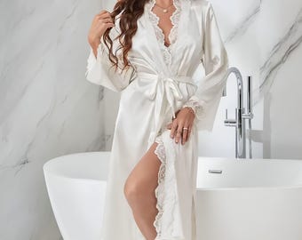 Kimono di seta per la sposa, vestaglia da cerimonia in pizzo bianco, kimono da sposa, camicia da notte, vestaglia da boudoir per matrimonio