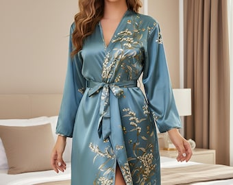 Kimono de seda, bata de novia larga, bata de satén vintage, bata de baño hasta el suelo, lencería china para bodas, lunas de miel y ropa de dormir.
