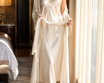 Bata de novia de encaje, bata larga de seda para la novia, ropa de dormir romántica, bata kimono de talla grande, bata para damas de honor, batas para la fiesta nupcial, bata de casa