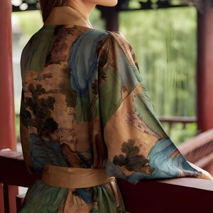 K&ouml;nnte beinhalten: Seidenkimono mit Landschaftsmuster in Gr&uuml;n-, Blau- und Braunt&ouml;nen. Der Kimono hat einen breiten, beigefarbenen G&uuml;rtel und Besatz. Die &Auml;rmel sind lang und flie&szlig;end. Die Person steht auf einem roten Holzbalon.