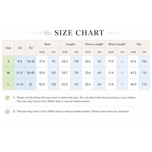May include: A size chart table displaying measurements in inches and centimeters for sizes S, M, and L. Columns include US and EU sizes, bust, length, sleeve length, waist length, and hip measurements. Text notes advise following the chart for sizing.