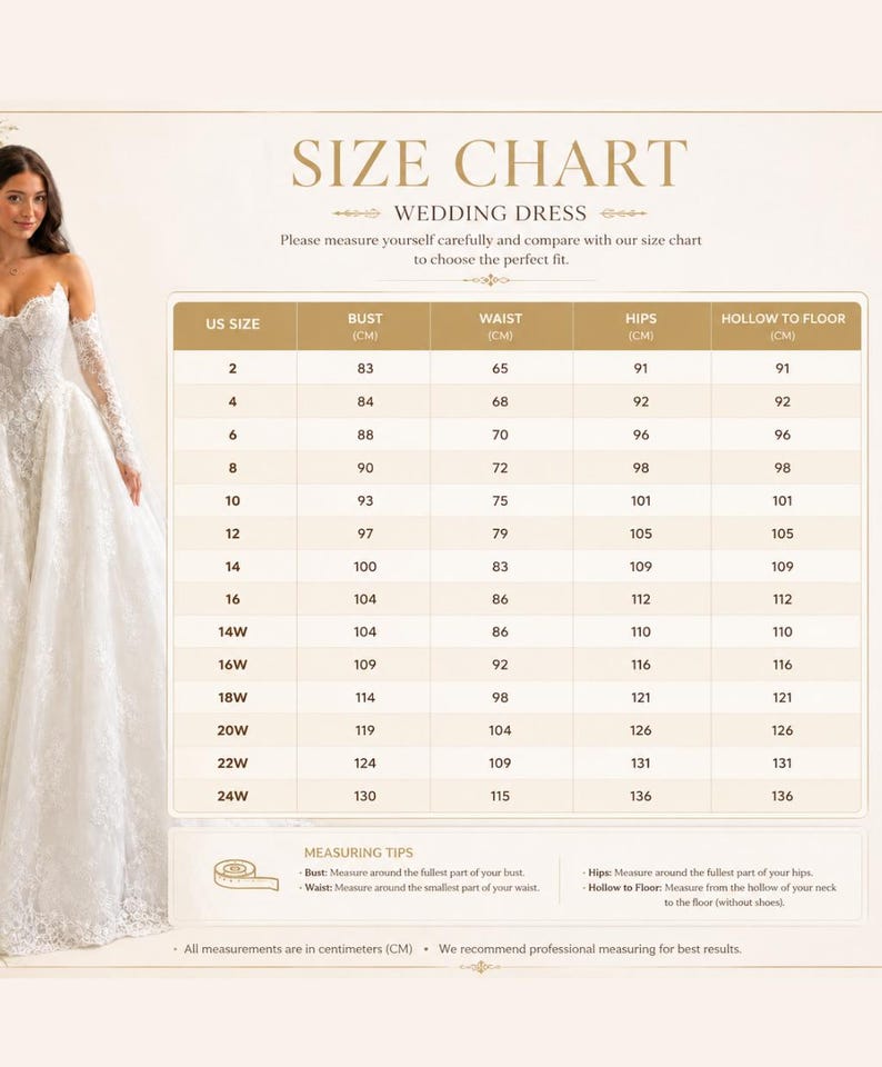 May include: A wedding dress size chart featuring a table with columns for US size, bust, waist, hips, and hollow to floor measurements in centimeters. The chart includes rows for sizes 2 through 24W, along with measuring tips and instructions.