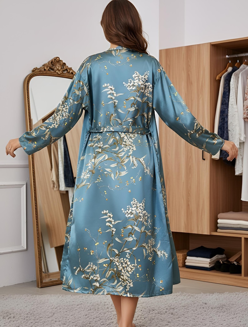 Silk Kimono Robe, Long Bridal Robe, Vintage Satin Dressing Gown, Floor Length Bathrobe, Chinese Lingerie for Wedding Honeymoon Sleepwear image 5