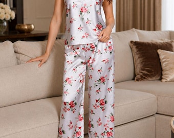 Conjunto de pijama de seda helada satinada para mujer, top halter con cuello en V floral y pantalón de pierna ancha, pijama de descanso de 2 piezas, pijama de fiesta nupcial con top de tirantes de encaje