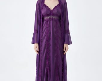 Long Bridal Robe Purple Silk Kimono, Elegant Sheer Dressing Gown, Wedding Morning Boudoir Robe for Brides & Bridesmaids