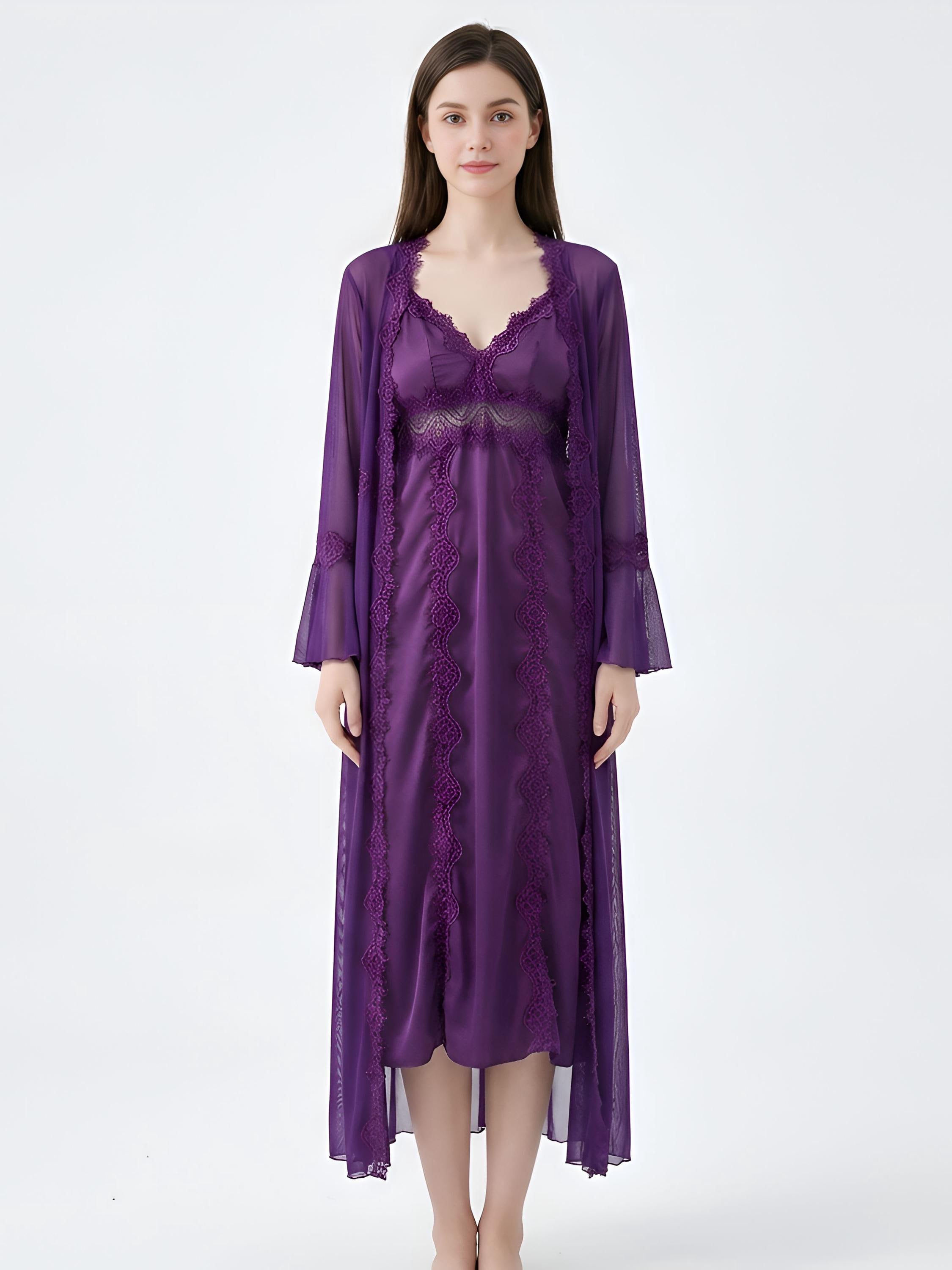 purple dressing gown ladies Sheer Robe deep v dress