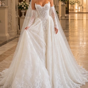 May include: An ivory strapless wedding dress with a sweetheart neckline, featuring intricate lace embroidery throughout the bodice and full skirt. The gown includes matching long lace sleeves and a long, sheer tulle veil that drapes over the shoulders.