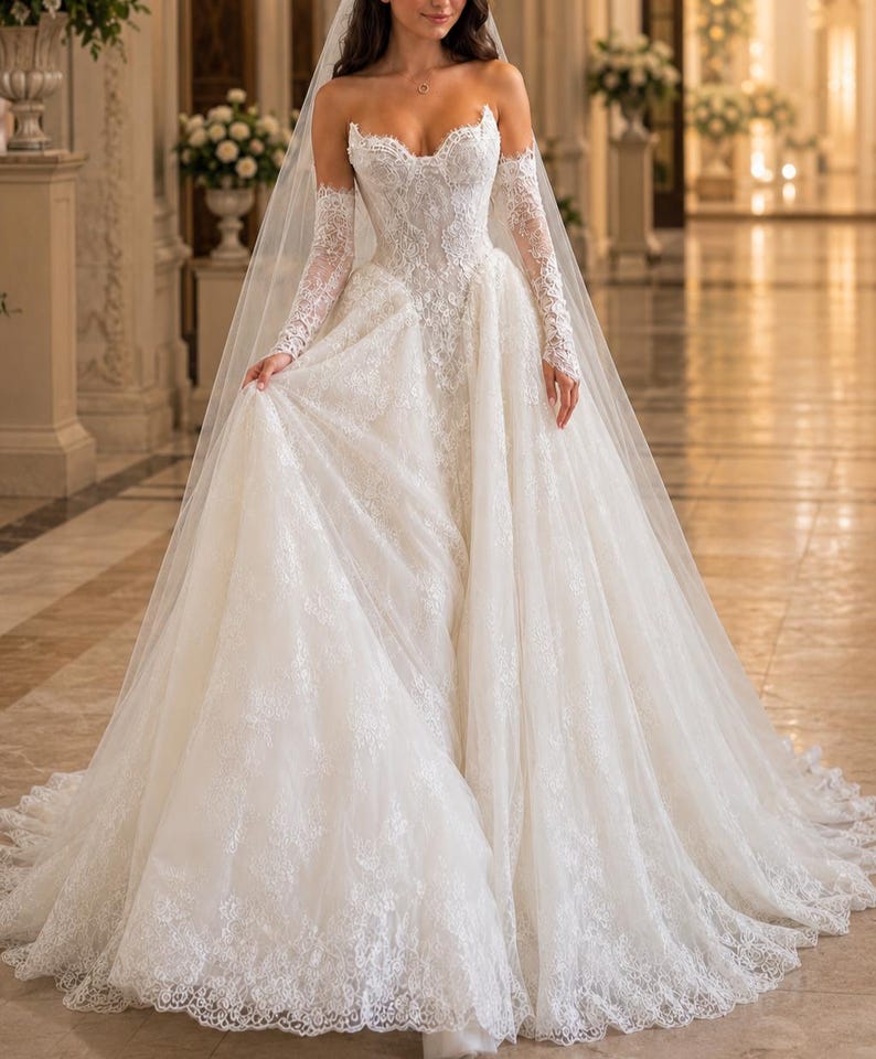 May include: An ivory strapless wedding dress with a sweetheart neckline, featuring intricate lace embroidery throughout the bodice and full skirt. The gown includes matching long lace sleeves and a long, sheer tulle veil that drapes over the shoulders.