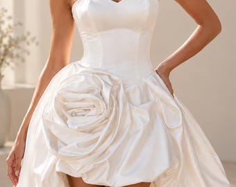 Custom Satin Wedding Dress, Strapless Princess Bridal Gown, Modern High Low Gown, Fairy Bridal Dress, Civil Ceremony Outfit, Reception Dress
