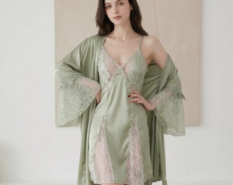 Lace Bridal Robe Set 2PCS, Silk Kimono Robe with Sheer Nightie, Honeymoon Lingerie, See Through Nighty, Luxury Bridesmaid Gift