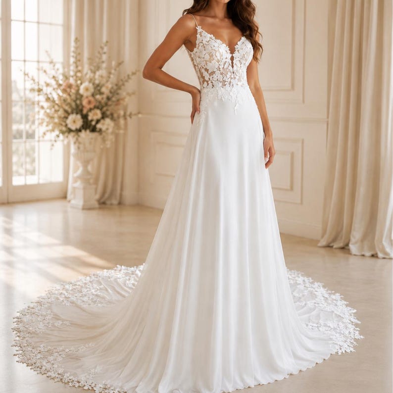 May include: A floor-length white gown featuring a sleeveless bodice with intricate floral lace applique, a deep V-neckline, and thin spaghetti straps. The skirt is made of flowing fabric that extends into a long, lace-trimmed circular train.