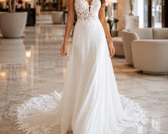 Boho Lace Wedding Dress, A Line Bridal Gown, V Neck Spaghetti Strap Wedding Dress, Floral Applique Bridal Gown