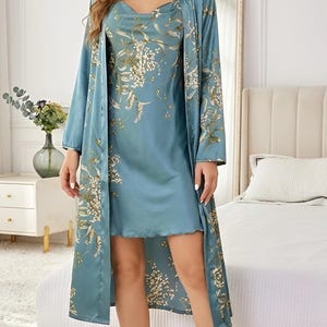 Silk Kimono Robe, Long Bridal Robe, Vintage Satin Dressing Gown, Floor Length Bathrobe, Chinese Lingerie for Wedding Honeymoon Sleepwear image 2