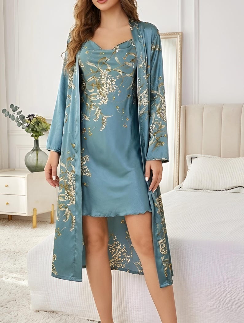 Silk Kimono Robe, Long Bridal Robe, Vintage Satin Dressing Gown, Floor Length Bathrobe, Chinese Lingerie for Wedding Honeymoon Sleepwear image 2
