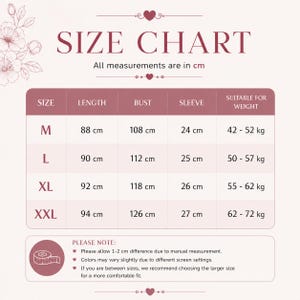 May include: A size chart with measurements in centimeters for clothing. The chart includes sizes M, L, XL, and XXL, with corresponding measurements for length, bust, and sleeve. It also indicates suitable weight ranges in kilograms. The text "SIZE CHART" is at the top.