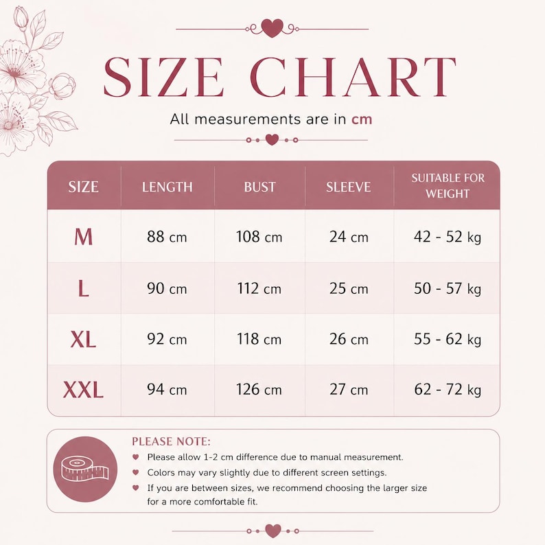 May include: A size chart with measurements in centimeters for clothing. The chart includes sizes M, L, XL, and XXL, with corresponding measurements for length, bust, and sleeve. It also indicates suitable weight ranges in kilograms. The text "SIZE CHART" is at the top.