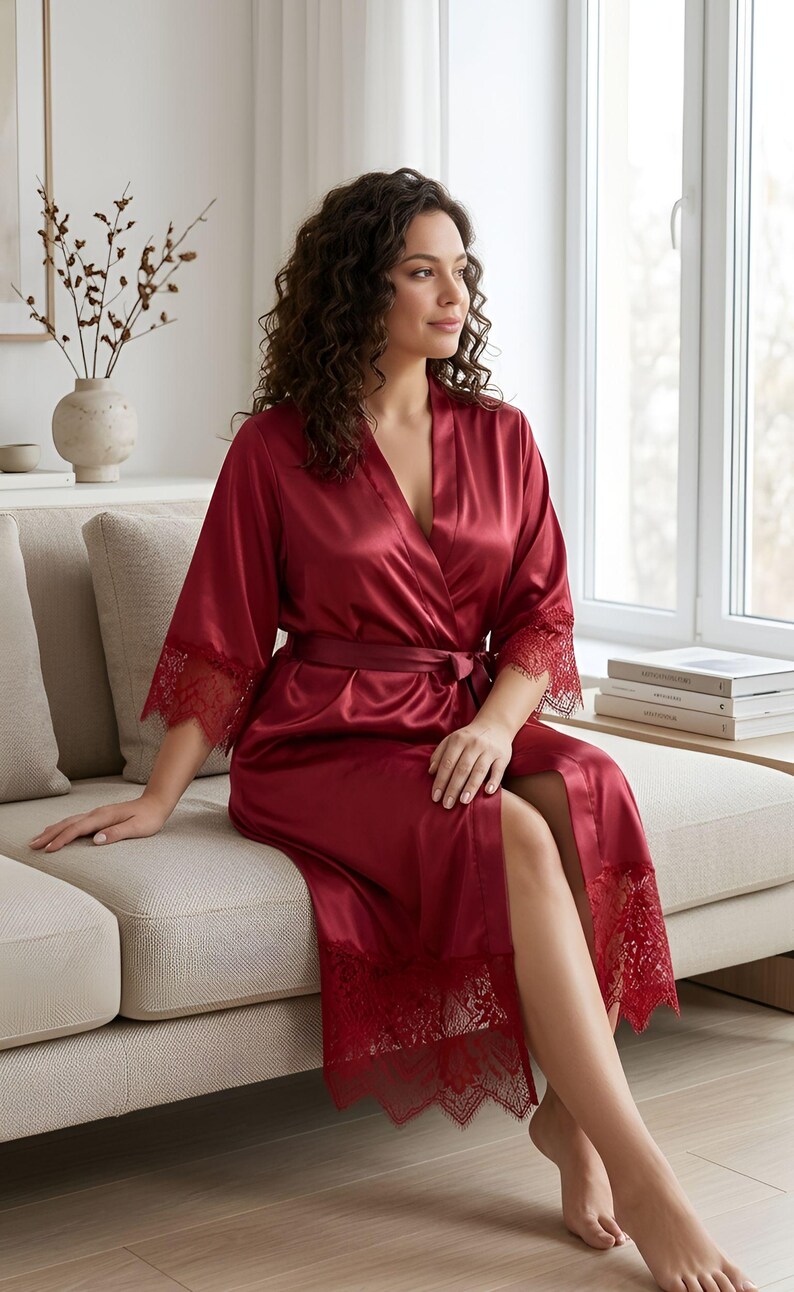 Silk Long Bridal Robe Set, Floor Length Lace Bathrobe & Sheer Nightgown ...