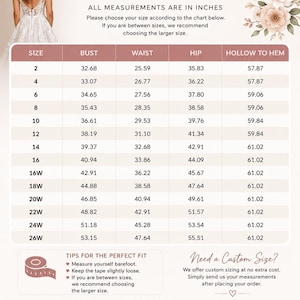 May include: A size chart for a dress featuring columns for bust, waist, hip, and hollow to hem measurements in inches. The table lists sizes from 2 to 26W with corresponding numerical values. Text includes instructions for measuring and custom sizing.
