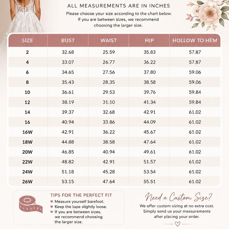 May include: A size chart for a dress featuring columns for bust, waist, hip, and hollow to hem measurements in inches. The table lists sizes from 2 to 26W with corresponding numerical values. Text includes instructions for measuring and custom sizing.