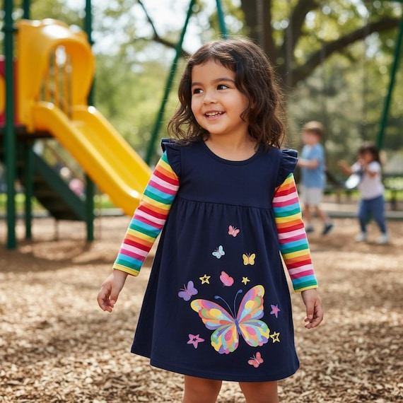 Toddler Girls Rainbow Butterfly Dress - Long Sleeve Cotton Casual Outfit Toddler Girls Rainbow Butterfly Dress - Long Sleeve Cotton Casual Outfit