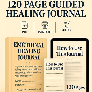 以下が含まれることがあります： 120ページのガイド付きヒーリングジャーナルのデジタルダウンロード。ジャーナルは印刷可能なPDFとして利用でき、感情と再接続するためのプロンプトが含まれています。「Emotional Healing Journal」と書かれた表紙。また、「How to Use This Journal」ガイドも含まれています。