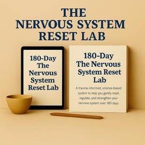 May include: A digital tablet and a book titled "180-Day The Nervous System Reset Lab" are displayed on a beige surface. The tablet and book share the same title. A wooden bowl and a wooden stylus are also present.