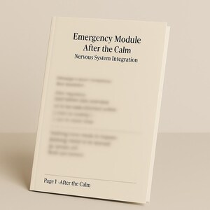 Può includere: Un libro con copertina morbida intitolato "Emergency Module After the Calm Nervous System Integration". La copertina del libro è di colore crema chiaro, con testo in un carattere scuro. Il testo "Page 1 - After the Calm" si trova in basso nella pagina.
