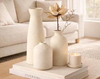 Set of 3 Ceramic Vases, Modern Farmhouse Decor, Rustic Country Home Accent, Living Room Table Centerpiece, Bookshelf Styling Vases