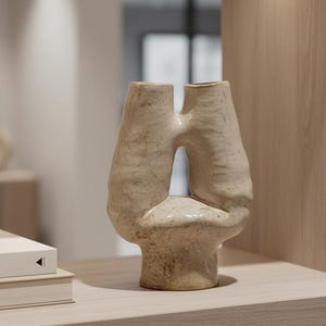 May include: A neutral-toned shelf displays decorative items. A clear glass vase holds dried pampas grass. A geometric sculpture sits atop a stack of books with the title "TRANORDES". A textured, beige ceramic vase is also present.